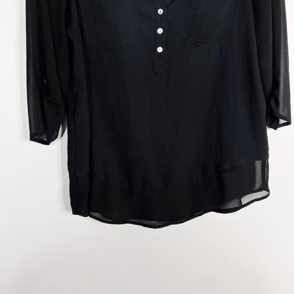 Express Womens M Black Sheer Pieced V Neck Blouse Top 3/4 Sleeve Lightweight - Picture 4 of 6